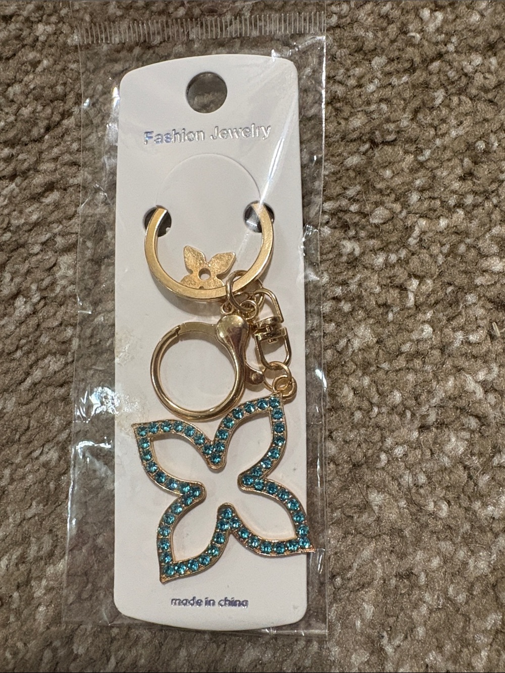 Gold-tone Keychain with Turquoise Crystal Butterfly Charm